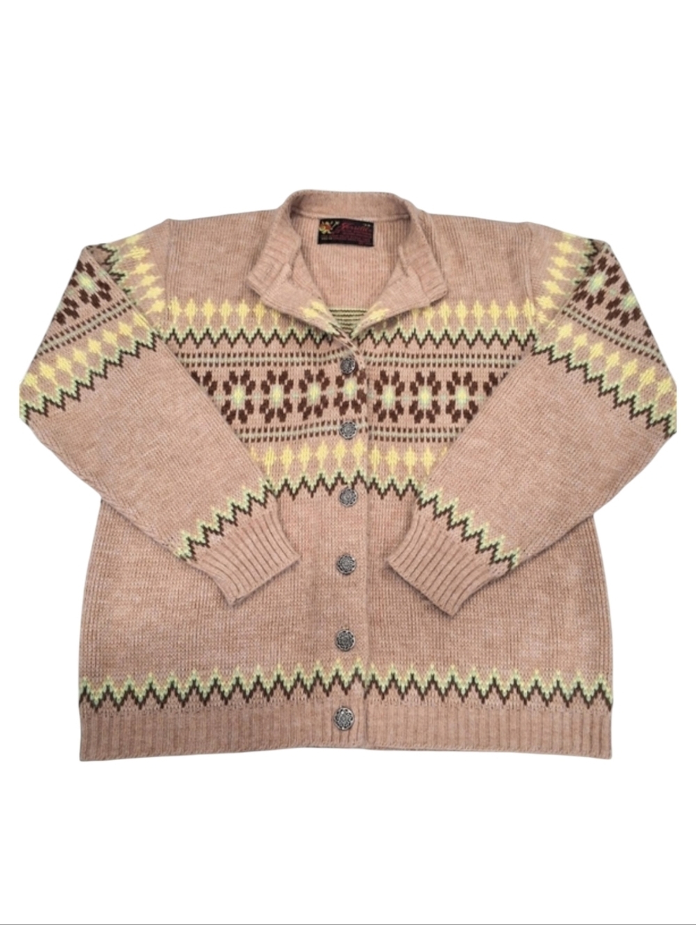 Jersild Distinctive Sportswear~VTG~Fair Isles~Tan Cardigan~Dupont Orlon~Size 38